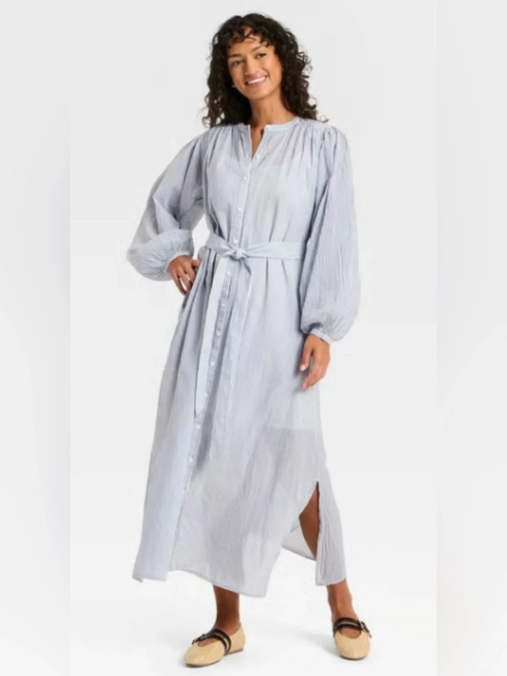 Universal Thread Light Blue Striped Button-Front Maxi Robe with Tie Waist
